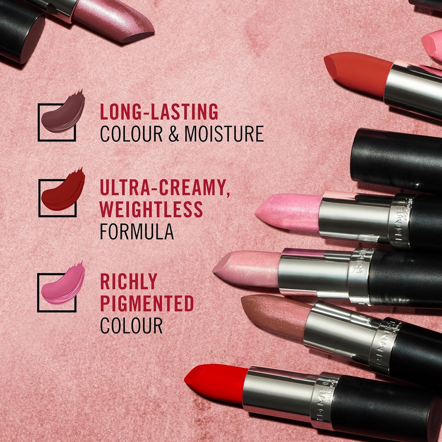 Rimmel Lasting Finish Lipstick 066 Heather Shimmer, Creamy Satin Finish, Long Lasting 8 HR Wear, Comfortable Formula, Rich Pigment